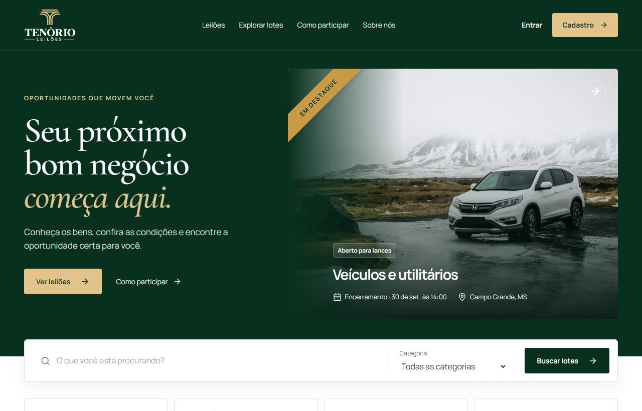 Site Tenório Leilões com catálogo, valores dos lotes e agenda de leilões